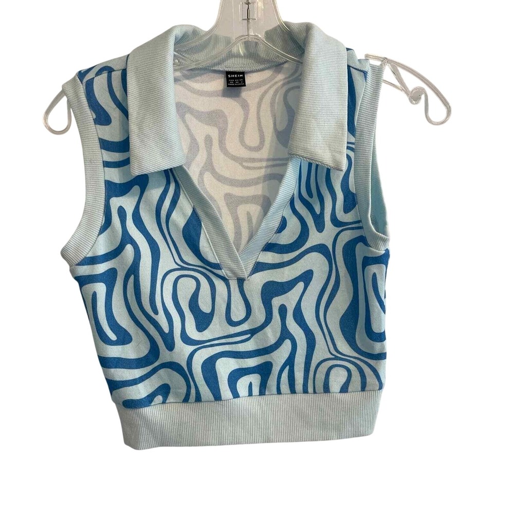 SHEIN Womens XS Blue Abstract Swirl Print Cropped‎ Polo Sweater Vest Knit Top
